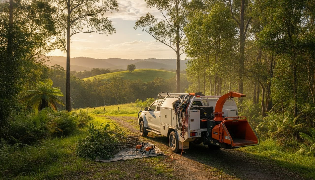 Port Macquarie Arborist work truck and wood chipper on site in the Port Macquarie